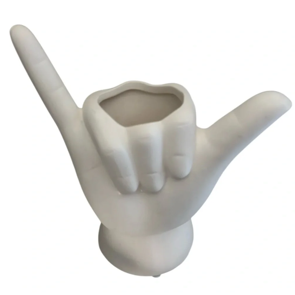 Creamy Matte White HANG LOOSE Hand Planter Pot Vase Shelf Office Decor